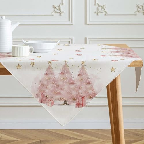 Tischdecke Weihnachten Mitteldecke Rosa Tischwäsche Bäume 85x85 | Winter Weihnachtsdeko Christmas Table Cloth Klein Weihnachtstischdecke für Urlaub Party Dekor