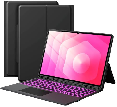 Funda con teclado para Samsung Galaxy Tab S11 Ultra/S10 Ultra/S9 Ultra/S8 Ultra de 14,6 pulgadas con teclado - 7 colores iluminados Folio Tablet Cover con panel táctil -Teclado QWERTZ alemán con