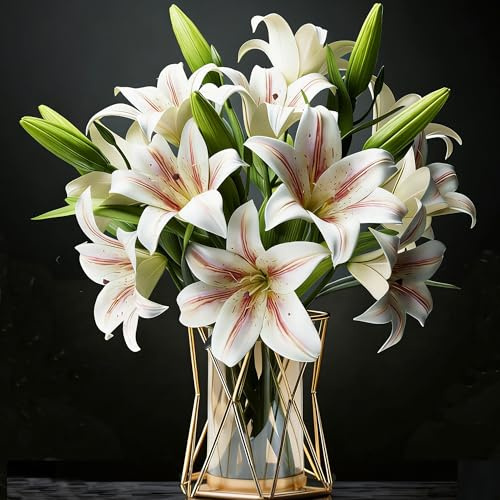 6 Bouquet Fiori Finti Gigli per Decorazioni , Realistiche in Seta Stampa 3D | Resiste a pioggia e sole, steli pieghevoli, senza odore, impermeabile, 38 cm — bouquet pieno per cimitero, casa e matrimonio