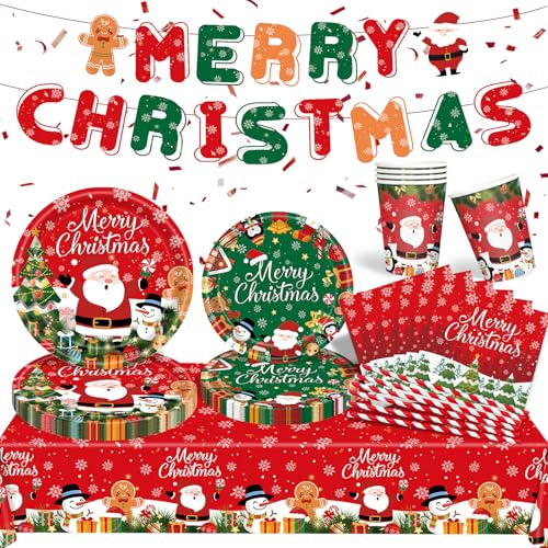 Christmas Party Plates and Napkins Set - Christmas Santa Claus Tree Supplies Xmas Red Green Paper Dinner Tableware Merry Banner Party Decorations for 16Guests Dinnerware