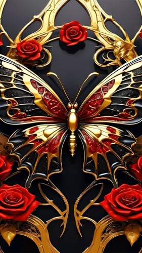 ARTGOTO Diamond Painting Erwachsene Groß XXL 60 x 105 cm Schmetterling | roten Rosen auf Schwarz DIY Diamant-Malerei 3 Werkzeugsets 30 % Extra-Diamanten