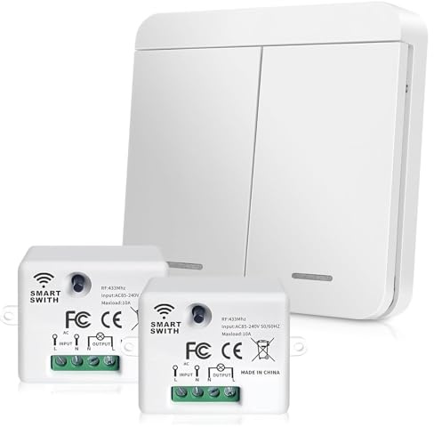 GOEDCH Juego de 2 interruptores de luz inalámbricos: inalámbrico, mando a distancia, mando a distancia, juego de interruptores de luz inalámbricos, para Smart Home y control de lámparas, 86 x 86 mm