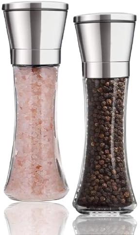 Macina Sale Pepe, 2 Pezzi, Saliera e Pepiera Manuale in Vetro e Acciaio Inox Macinapepe, Set Cucina Macina Sale Pepe Alti, per erbe aromatiche adatto per sale marino grosso, pepe in grani