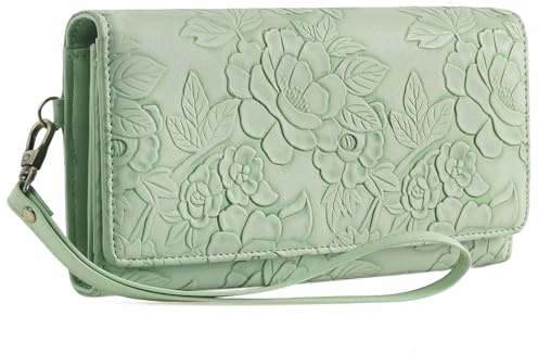GAEKEAO Geldbörse Damen mit Blumenprägung, PU-Leder Portemonnaie Gross, Dreifach Gefaltete Geldbeutel mit Abnehmbare Handgelenk, Großkapazitänische Damen Handgelenktasche mit RFID-Schutz, Clutch