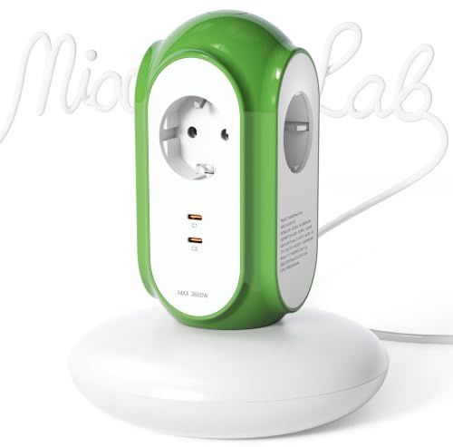 MiaoLab Steckdosenleiste mit 3 Steckdosen & 2 USB-C (30W Schnellladung), 3680W/16A, 1420J Überspannungsschutz, 479g Standfuß, 2 m Verlängerungskabel, Überlastschutz, kompatibel mit Typ C/E/F