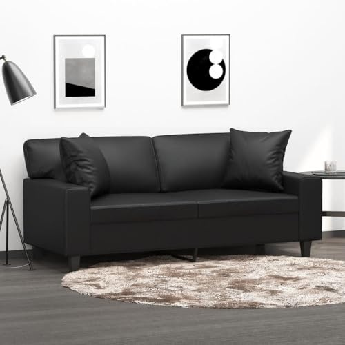 Yisssmeng Zweisitzer Kunstleder Couch Schwarz 174x77x80 cm Modernes 2-Sitzer-Sofa mit 2 Zierkissen Recamiere für Wohnzimmer Büro Flur