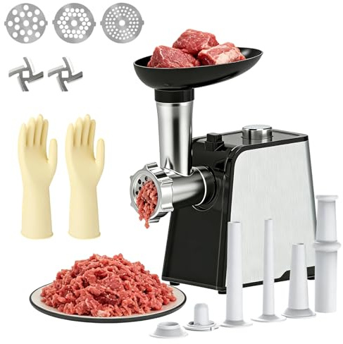 Picadora de Carne Eléctrica 3200W con 3 Platos, 2 Cuchillas y 3 Tubos | Picadora Profesional 4 en 1 para Carne, Huesos, Embutidos y Kubbe para Uso Doméstico | Piezas Aptas para Lavavajillas