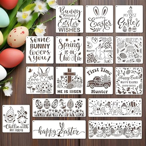 16 Stück Oster Schablonen Set Hase Ei Frühling Wiederverwendbare Zeichenschablonen für DIY Basteln Karten Scrapbooking