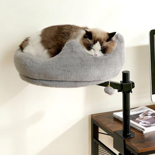 ALEAVIC Katzenbett Schreibtisch, 360° Drehung Hängebett für Katzen Höhenverstellbar, Katzenhängematte Katzenkorb zum schlafen, Hält Kätzchen Katze nah und Arbeitsbereich (Hellgrau)