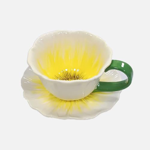 NatureMan Tazas y platillos de té de 10 onzas, taza de cerámica con forma de flor, juego de taza de café con leche y platillo, elegante juego de tazas para fiesta de té para mujeres, se puede utilizar