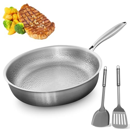 LLELEMAMO Titanpfanne aus 100% reinem Titan, Antihaft-Bratpfanne ohne Beschichtung, Kratzfest & Spülmaschinenfest, Schnelle Erhitzung, Inkl. Pfannenwender (30 Cm Without Lid)