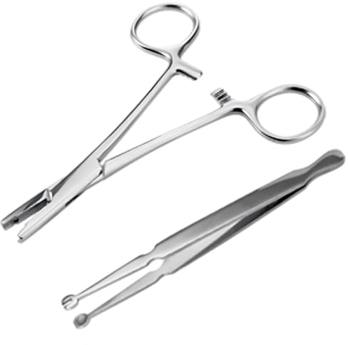 2 Pcs Piercing Tool Set, Stainless Steel Piercing Tools for Nose Lip Ear, Includes Ball Grabber Plier and Clamping Tweezers, Piercing Barbell Clamps Tool for 9-3 mm Balls