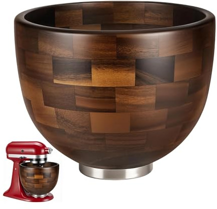 Premium Walnut Wood Mixing Bowl, Compatible with KitchenAid 4.5 & 5 QT Tilt-Head Mixers, Natural True Walnut Wooden Bowl with Stainless Steel Locking Base, 5QT (9.4)