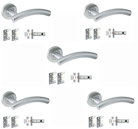 5 Set's Door Handles Pack Internal C/w Latch Hinges Arched T-Bar Lever on Rose Furniture Stainless Steel - Handlestore®