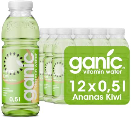 ganic Vitaminwasser Ananas Kiwi - 12x0,5l PET-Flaschen, vegan | Erfrischendes Wasser mit Geschmack und zugesetzten Vitaminen, kalorienarm und vegan, ohne Konservierungsstoffe, exotisch