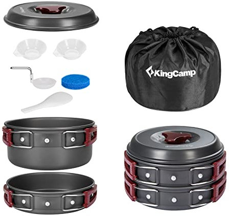 KingCamp Camping Cookware Mess Kit, Backpacking Cooking Set, Outdoor Camp Gear Accessories for Family Hiking Picnic Lightweight Cookware Sets (8 Pcs (Hard Anodized Aluminum))