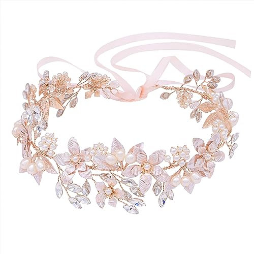 Oriamour Wedding Headband Bridal Headpiece Flower Design With Genuine Freshwater Pearls And Ribbons Hair Accessories For Bride (Rose Gold)