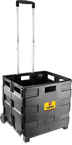TOPEX Transportwagen, mit Einer Kiste, mit den Abmessungen 37 x 42 cm, zusammenklappbar, mit Zwei Rädern, Versteifungsleisten, Tragfähigkeit 35kg, Eigengewicht 3,7kg, Zusätzliche Leisten