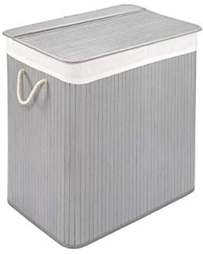 Cesto per il bucato con coperchio e scomparto - cesto per il bucato stabile in bambù - cesto per il bucato grigio chiaro con sacchetto per il bucato, lavabile - 100% bambù - 72 litri