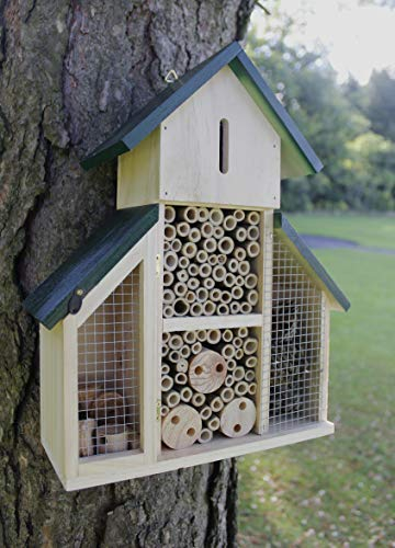 Garden Mile Insektenhotel Naturholz Insektenhaus Garten Unterschlupf Lebensraum für Bienen Schmetterlinge Marienkäfer Käfer Insekt Umweltfreundlich Outdoor (Großes Haus mit grünem Dach)