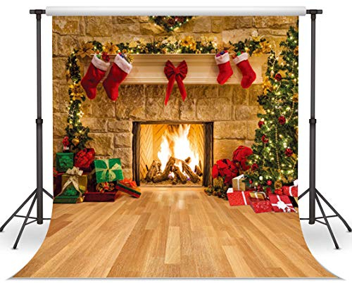 LYWYGG 10x10FT Weihnachten Kamin Hintergrund Mit Weihnachtsbäumen Für Abendessen, Familie, Party Dekorationen, Eve Kamin Fotografie CP-282-1010