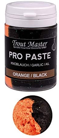 Spro Trout Master Pro Paste - UV-aktive, Schwimmende Forellenpaste für Maximalen Fangerfolg, Trout Fishing Bait UV - Forellenköder für Großforellen, Trout Bait (Orange & Black/Garlic)