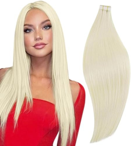 RUNATURE Invisible Tape Extensions Echthaar 45 cm Blond Menschliches Haar 20 Stück 50g Echthaar Tape Extensions Blond Glatt Haarverlängerung Echthaar Tapes Unsichtbare Haar Farbe #60