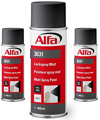 Alfa Sprühlack RAL 9005 Tiefschwarz 3 x 400 ml Matt für innen und außen - Lackieren und Dekorieren, hohe Deckkraft Farbspray, Sprühdose, Made in Germany