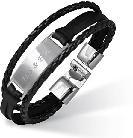 Hanessa Personalisiertes Armband mit Gravur für Männer und Frauen Edelstahl Kunstleder schwarz silber Länge 21 cm | Personalisierte Armbänder mit Namen Herren Damen