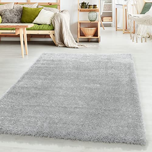 HomebyHome Shaggy Teppich 300x400 Wohnzimmer (280x370 cm) - 50 mm Florhöhe Hochflor Wohnzimmerteppich Silber Extra Weich und Flauschig - Langflor Teppiche für Schlafzimmer, Küche, Flur - Carpet