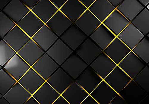 wandmotiv24 Fototapete schwarze Quadrate 3D Effekt, L 300 x 210 cm - 6 Teile, Wanddeko, Wandbild, Wandtapete, gelb grau geometrisch M6781