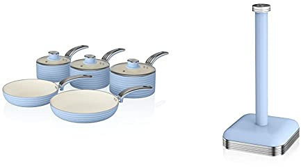 Swan SWPS5020BLN Retro Induction Pan Set, Non Stick Ceramic Coating, Blue, 5 Piece,16/18/20 cm Saucepans, 20/28 cm Frying Pans & SWKA1040BLN Retro Kitchen Roll Holder with Steel Weighted Base, Blue