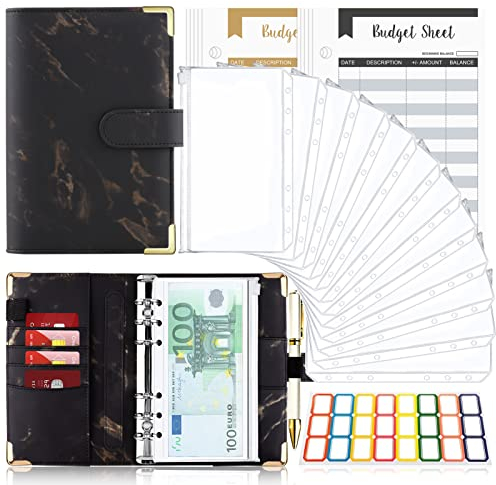 Budget Planner Budget Binder A6, Budgetplaner Geld Organizer mit Weiche PVC Tasche, TAOPE Leder Binder Notizbuch A6 Cash Stuffing, 6 Löcher Budget Planner, Haushaltsbuch mit Geldfächer Marmor Schwarz