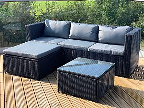 Garden Store Direct GSD Victoria Rattan Gartenmöbel Ecksofa Lounge Chase Set - Modular 4-teilig In/Outdoor - 3 Farben zur Auswahl (Schwarz), 263cm L x 193cm W x 68cm H