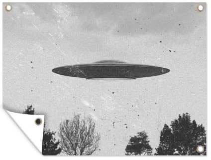 MuchoWow Outdoor-Poster Poster Wanddeko draußen Deko Garten Gartenposter 80x60 cm Ufo - Vintage - Baum - Schwarz - Weiß