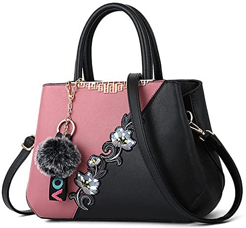 DORRISO Damen Handtasche Mode Stickdesign Schultertasche Große Kapazität Umhängetasche Casual Reise Handtasche PU Leder Top Griff Tasche für Frauen Rosa A
