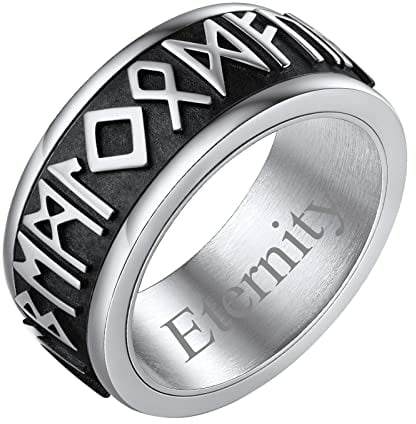 FindChic drehbarer Spinner Ring Herren Edelstahl Viking Rune Fidget Ring mit Gravur für Vatertag Geburtstag Weihnachten, Silber, 64