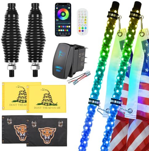 Ehaho Lot de 2 fouets lumineux de 0,9 m avec base à ressort, lumière LED avec application et télécommande, fouets lumineux en spirale RVB avec interrupteur à bascule, lumière de fouet musicale pour