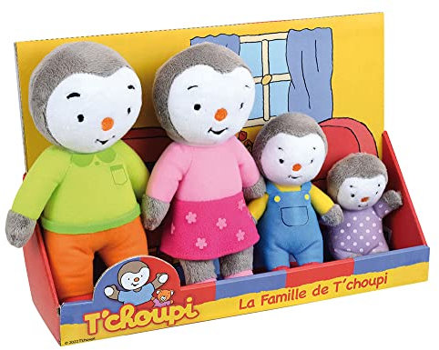 JEMINI 024229 T'CHOUPI Coffret Famille 4 Peluches +/- 19 CM : Papa, Maman, T'Choupi et Fanny, Noir/Blanc
