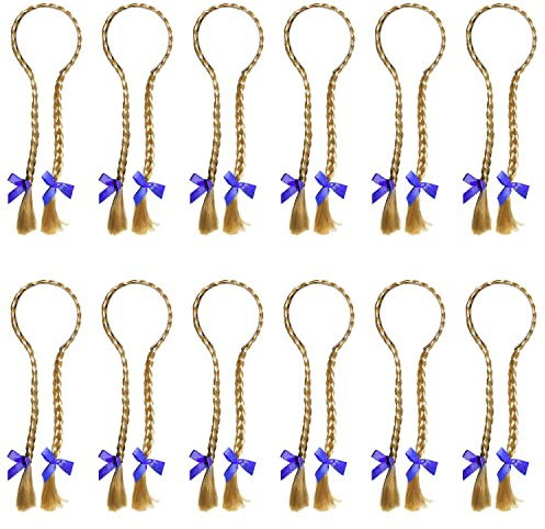 Oktoberfest Lot de 3 mèches blondes avec nœuds bleus sur un bandeau Accessoire de déguisement allemand bavarois pour femme