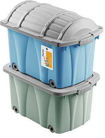 Piraten Spielzeugkisten SET - 2x Schatzkiste 49l mit Rollen - Spielzeugbehälter Aufbewahrungsbox für Kinder Ordnungsbox, Blau/Grün