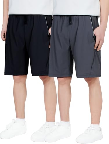 CAMLAKEE Kurze Hosen Jungen Sport Shorts Kinder 2er-Pack Sommerhose Schnelltrocknend Trainingsshort mit Reißverschlusstasche Schwarz Grau DE: 170-176 (Herstellergröße 170)