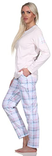 Edler Damen Langarm Pyjama mit Karierter Hose aus Jersey - auch in Übergrössen, Farbe:rosa, Größe:60-62