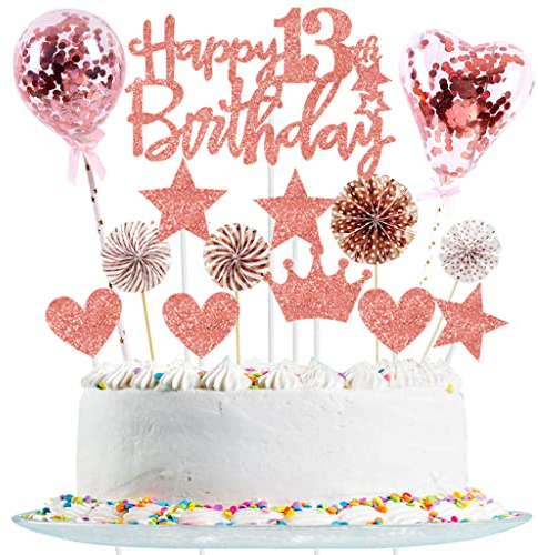 Tortendeko 13 Geburtstag Mädchen, 13. Tortendeko Rosegold, Glitzer 13. Geburtstagstorte Topper, Roségold 13 Kuchen Deko, Cake Topper Deko 13 Geburtstag, 13 Kuchen Topper Mädchen