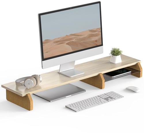 Fenge Large Monitor Stand 108cm Wood Computer Monitor Riser for Dual Monitor/Laptop/PC/TV/Printer Screens, with Eco Cork Leg, Home Office Desk Organizer Accessories, Oak