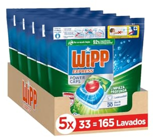 Wipp Express Power Caps Higiene y Antiolores Detergente en Cápsulas para Lavadora (pack de 5; total: 165 dosis), Limpieza Profunda, Eficaz en agua fría