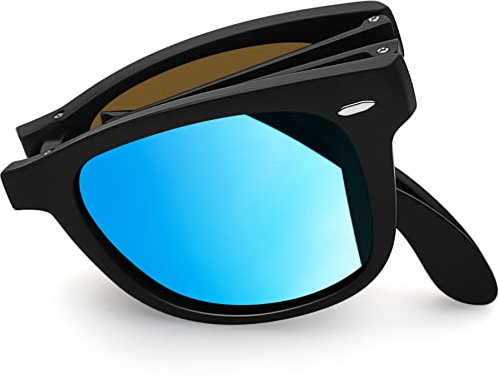 Joopin Faltbare Sonnenbrille Herren Polarisiert Spiegel Rechteckige Faltsonnenbrille Blau Verspiegelt Tragbar Faltbrille (Retro Blau)