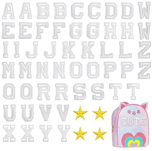 52Pcs Iron on Letter Patches, Alphabet Applique Patches Letters A-Z, with 4 Pcs Gold Stars Embroidered Patches, Repair Patches for Hats Shoes Bags Clothing