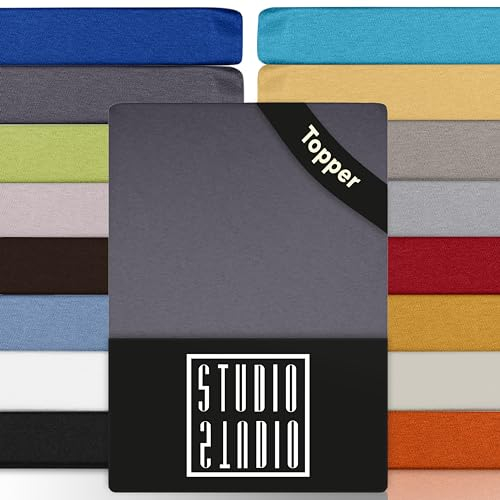 STUDIO Basic Topper Spannbettlaken 160x200cm – Jersey-Spannbetttuch aus 100 % gekämmter Baumwolle – Grau – bügelfrei, elastisch & Oeko-TEX Zertifiziert – für Topper 4–14 cm
