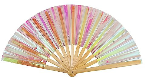Qchengsan Holographic Laser Rave Hand Fan,Large Folding Hand Rave Fan,Festival Fan,Clack Hand Held Fan for Party,Bamboo Holding Hand Fan Large Foldable Fan with Bright Color as Rave Outfits for Women